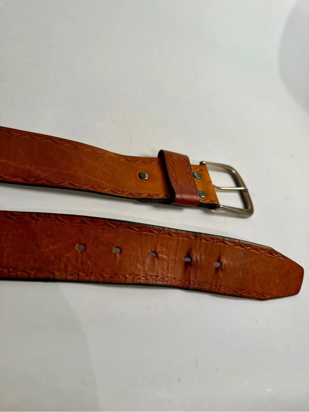 VTG Devonshire 34 1.5” Moccasin Elk Leather Belt Top Grain Silver Brass Buckle